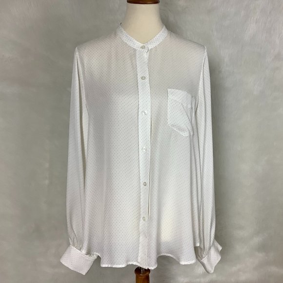 A.L.C. White & Black Walter Mini Dot Long Sleeve Band Collar Silk Shirt 10 - Picture 1 of 7